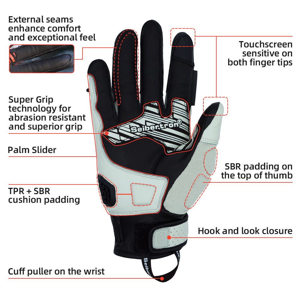 Seibertron SPS-10 Adult Motorcycle Riding Gloves – Breathable, Durable, Anti-Slip, Touchscreen Leather Gloves for Spring, Summer, and Fall - Seibertron
