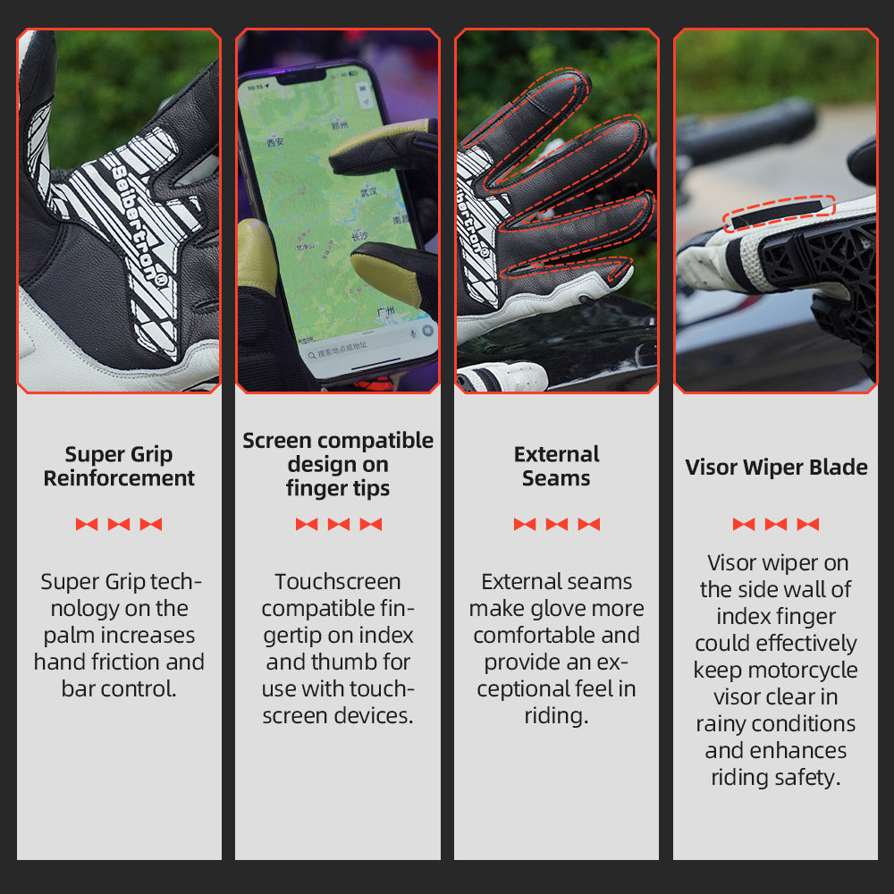 Seibertron SPS-10 Adult Motorcycle Riding Gloves – Breathable, Durable, Anti-Slip, Touchscreen Leather Gloves for Spring, Summer, and Fall - Seibertron