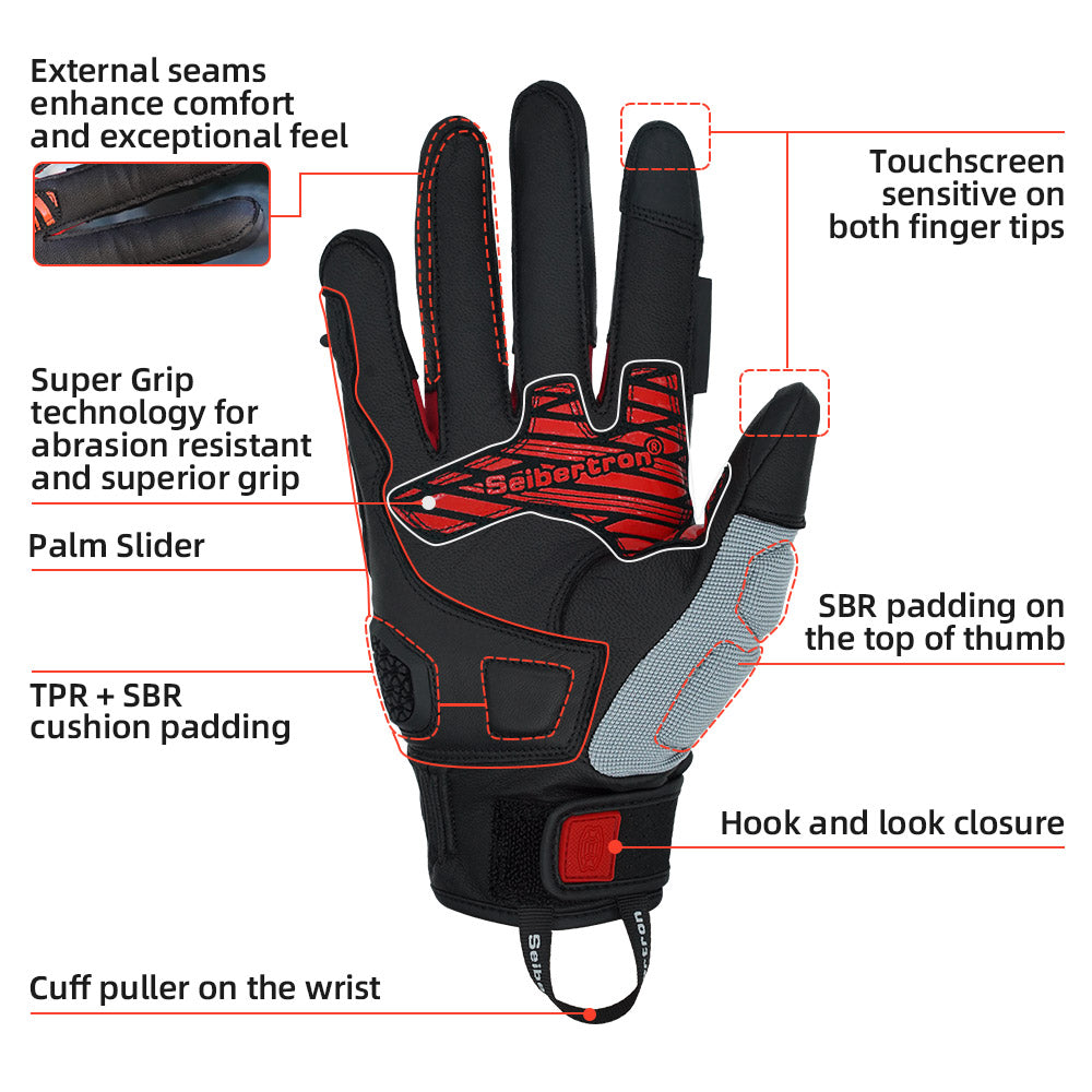 Seibertron SPS-10 Adult Motorcycle Riding Gloves – Breathable, Durable, Anti-Slip, Touchscreen Leather Gloves for Spring, Summer, and Fall - Seibertron