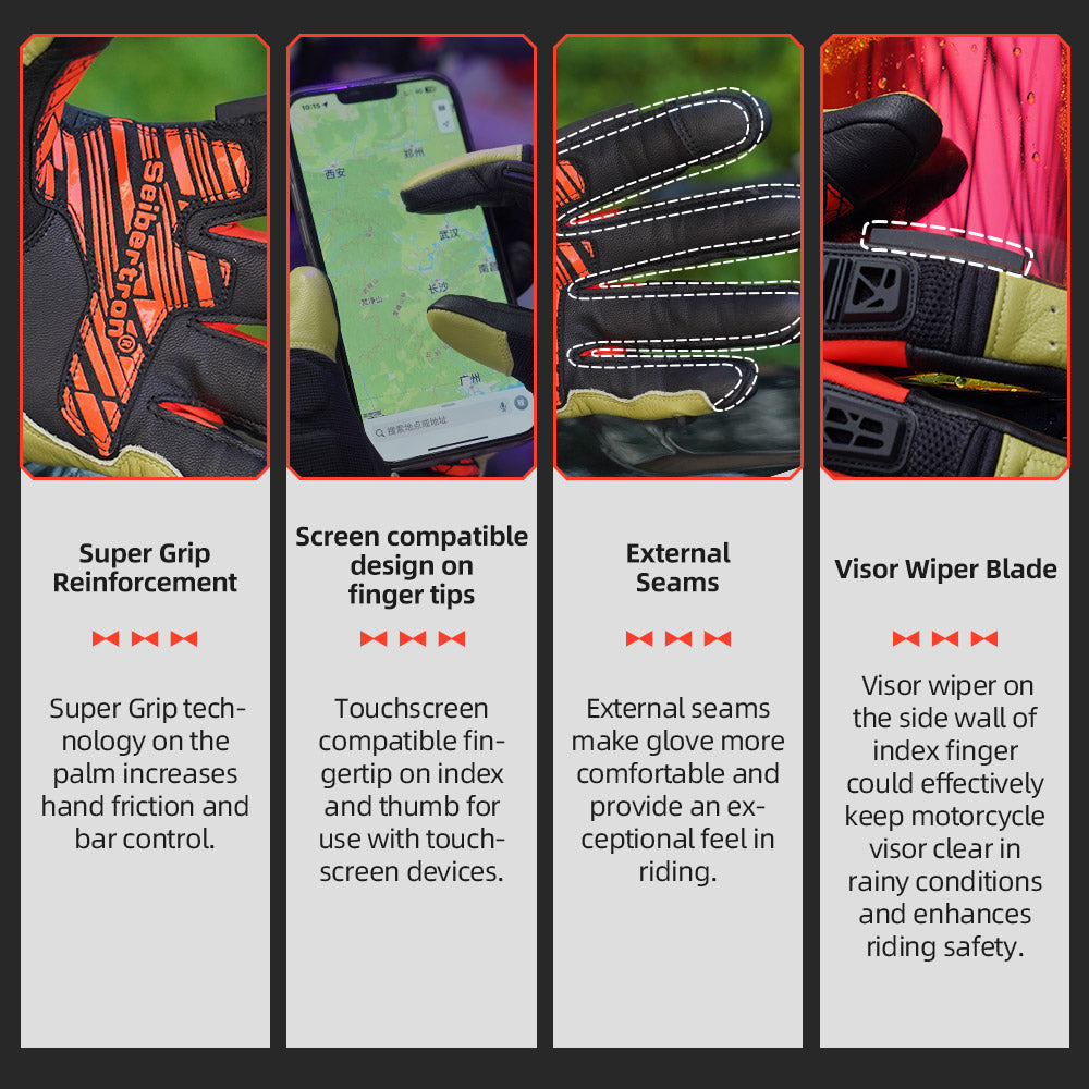 Seibertron SPS-10 Adult Motorcycle Riding Gloves – Breathable, Durable, Anti-Slip, Touchscreen Leather Gloves for Spring, Summer, and Fall - Seibertron