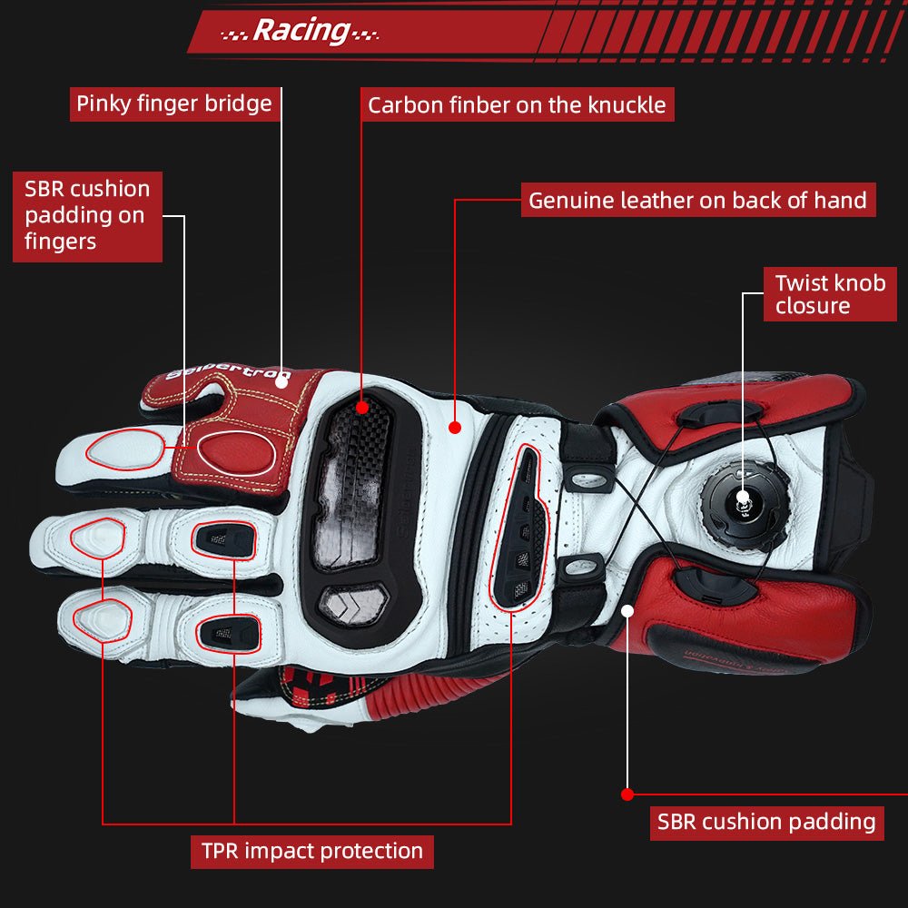 Leather racing gloves designed for motorcycle riders