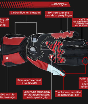 Performance motorcycle riding gloves for control and comfort