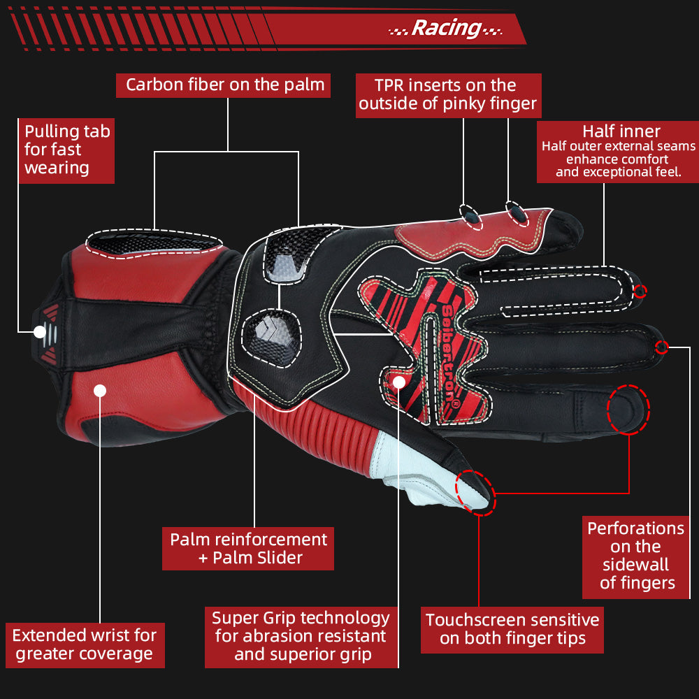 Performance motorcycle riding gloves for control and comfort