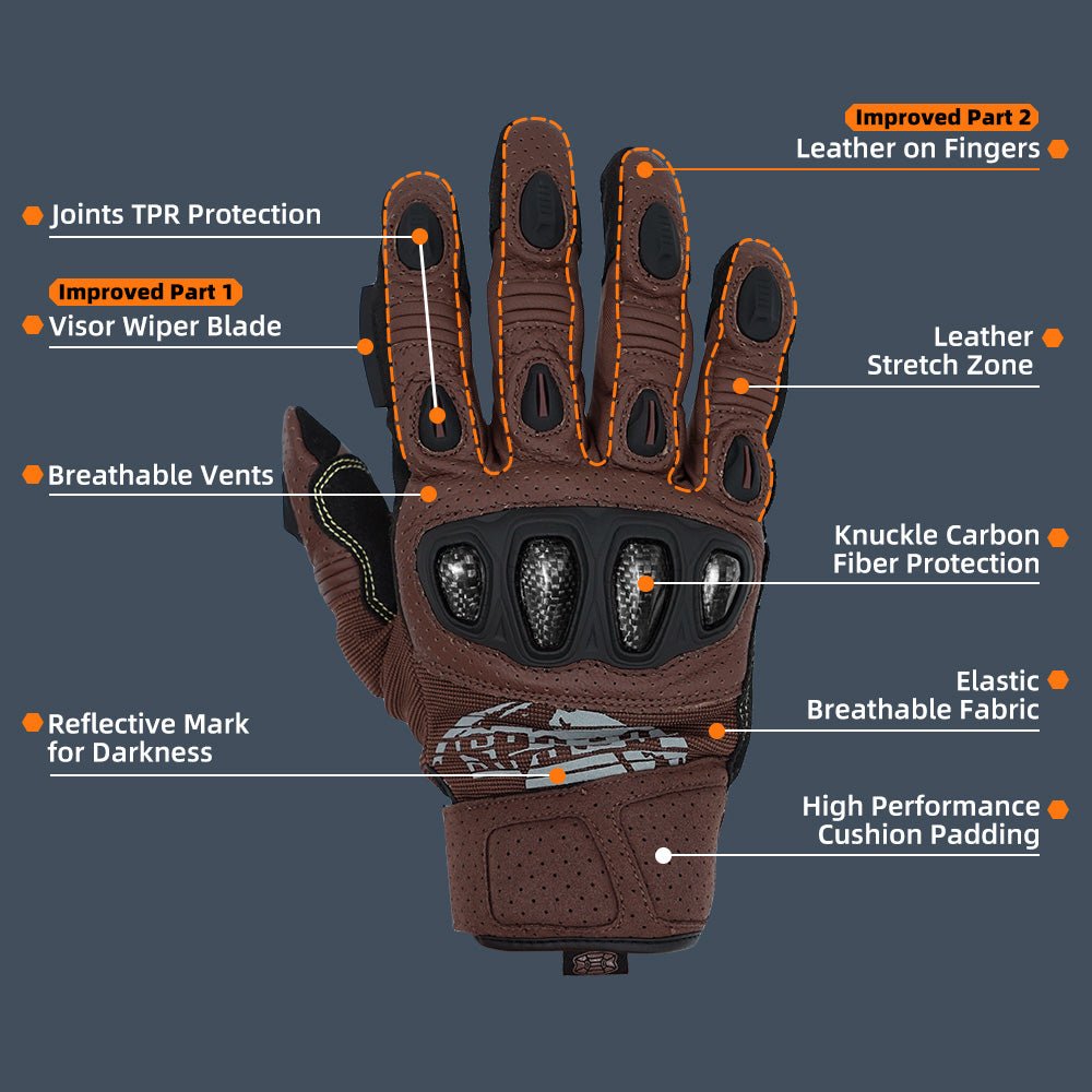 Brown riding gloves designed for motorcycle use