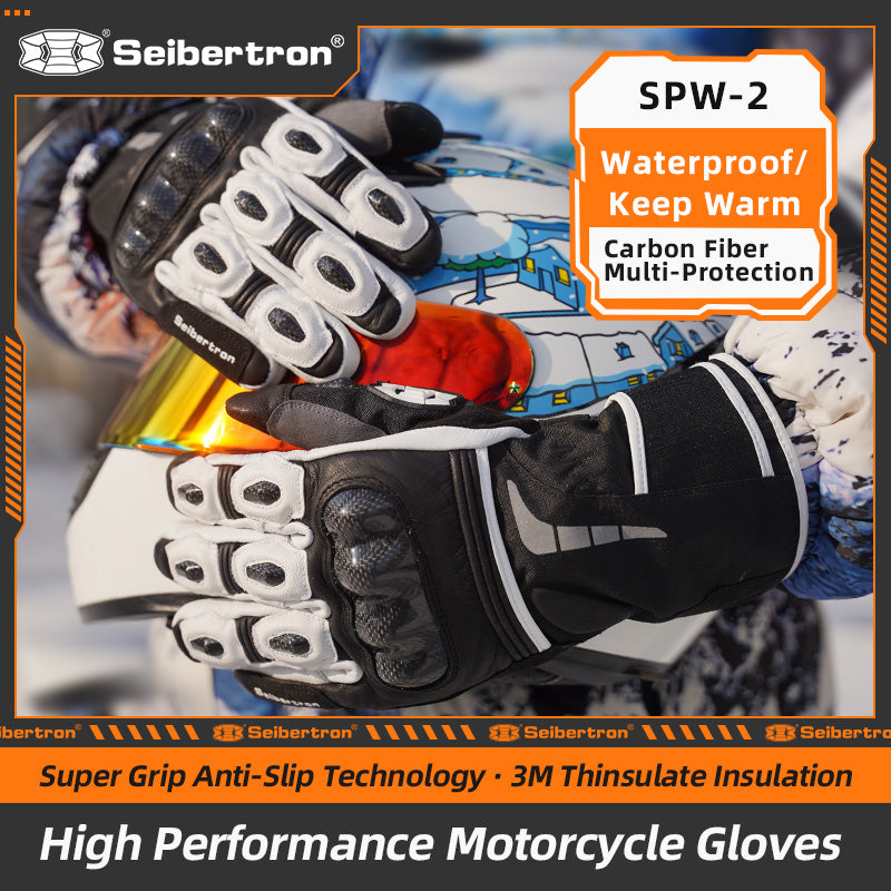 Seibertron SPW-2 Carbon Fiber Hard Knuckle Waterproof Touchscreen Leather Motorcycle Gloves - Seibertron
