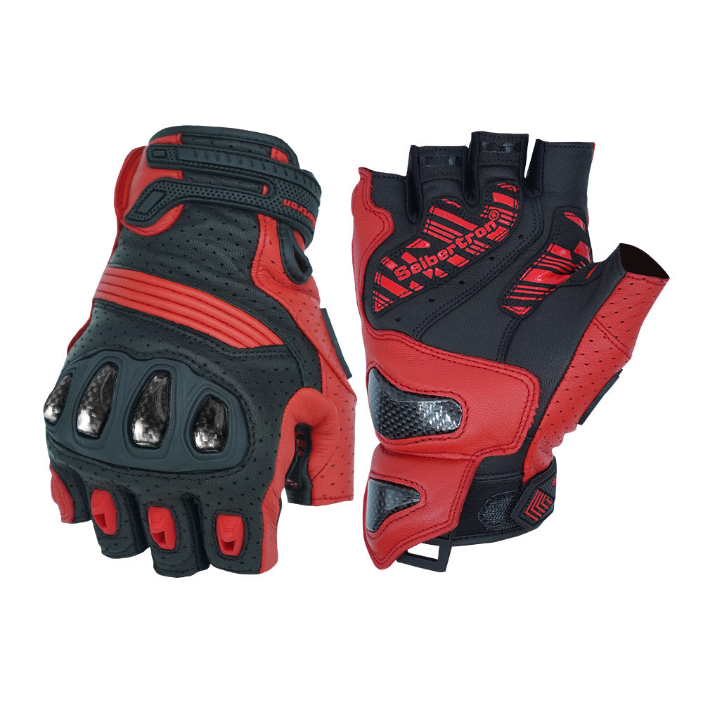 red fingerless leather gloves