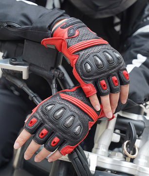 red fingerless leather gloves