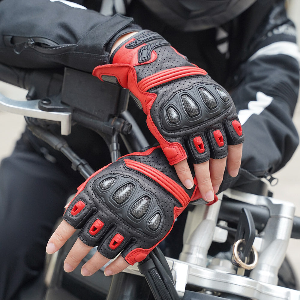 red fingerless leather gloves