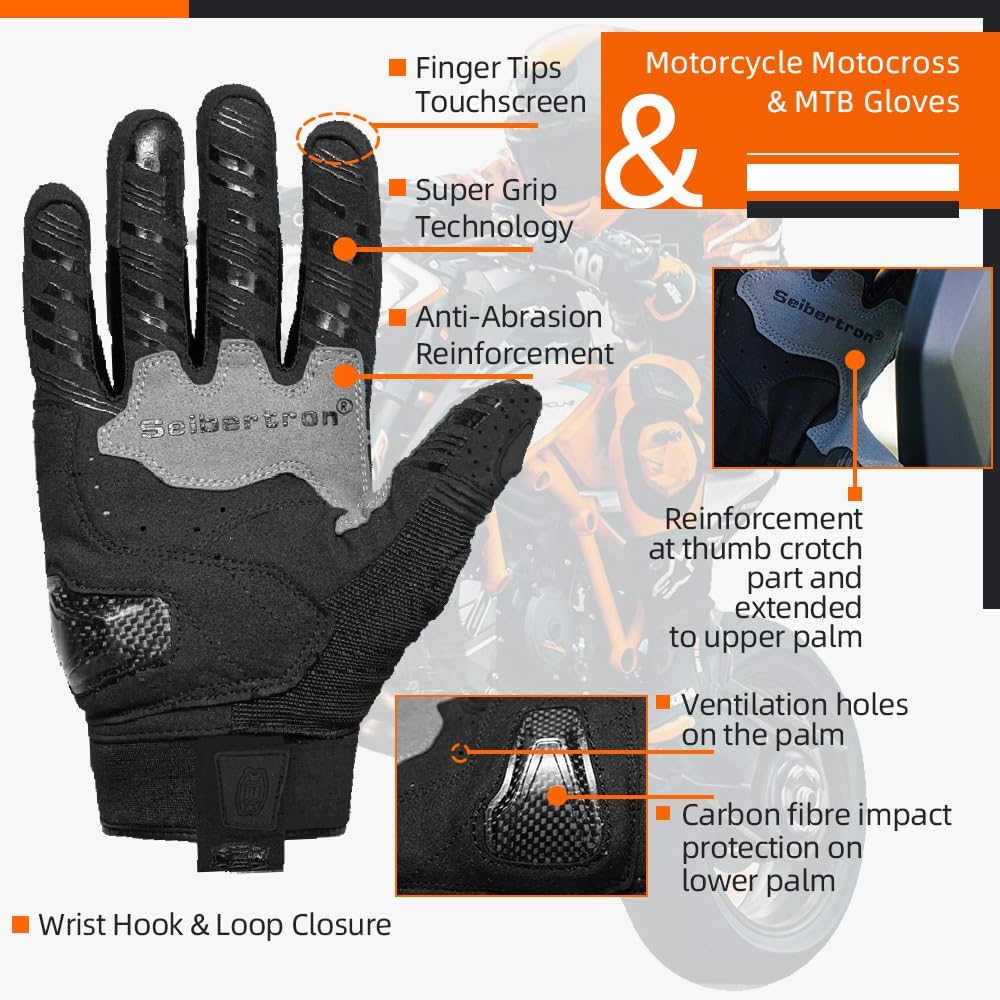 Seibertron Youth SPS - 2/SPS - 5 Unisex Touchscreen Motorcycle Gloves for Road Racing and MTB Sports - Seibertron