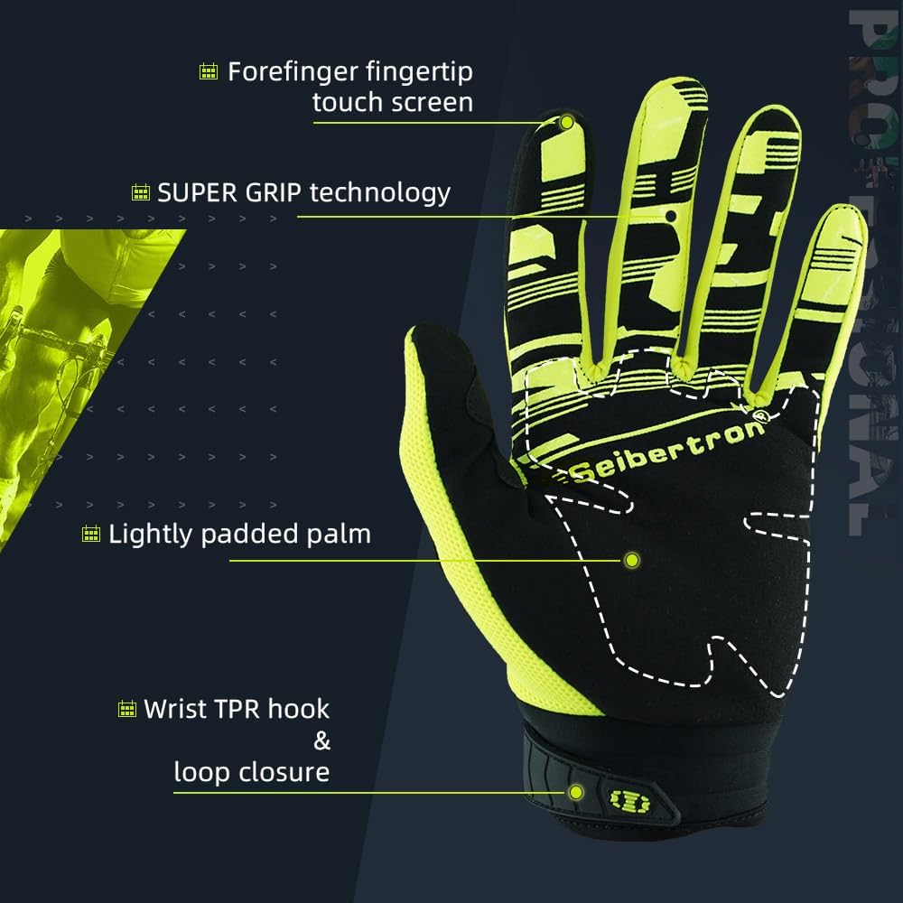 Seibertron Youth Unisex BMX MX ATV MTB Racing Mountain Bike Bicycle Cycling Off-Road/Dirt Bike Gloves Road Racing Motorcycle Motocross Sports Gloves Touch Recognition Full Finger Glove - Seibertron