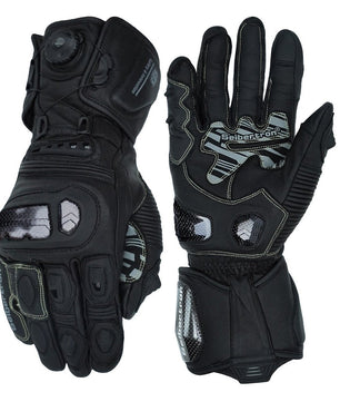 Black leather racing gloves for motorcycle use