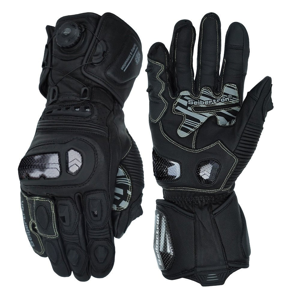 Black leather racing gloves for motorcycle use