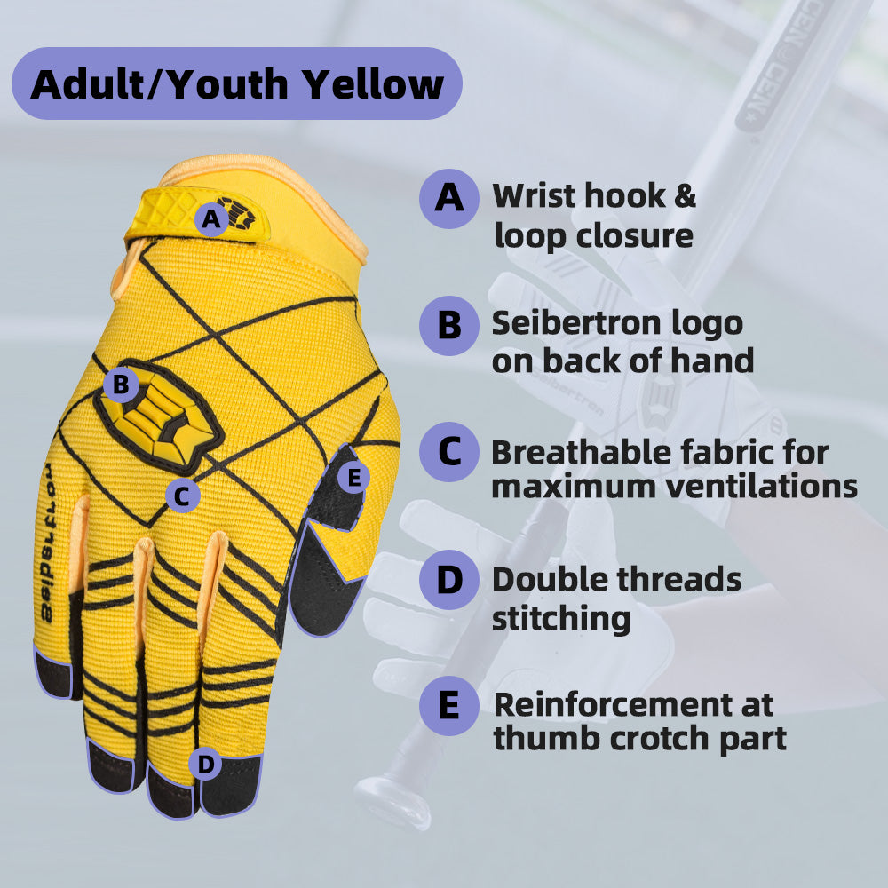 Seibertron Youth B-A-R PRO 2.0 Signature Baseball/Softball Batting Gloves Super Grip Finger
