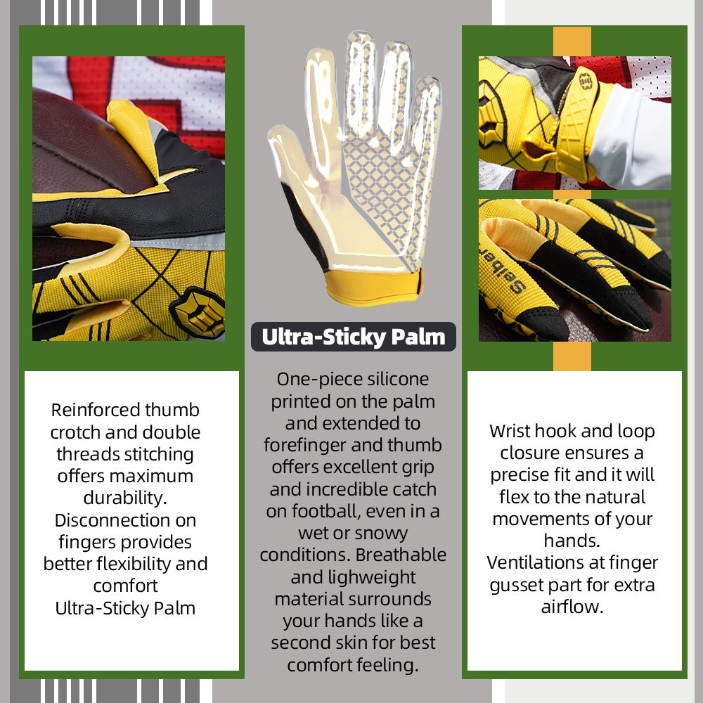 color:Yellow | Seibertron American Football Receiver Adult Gloves ultra-stick adult football receiver gloves image 02