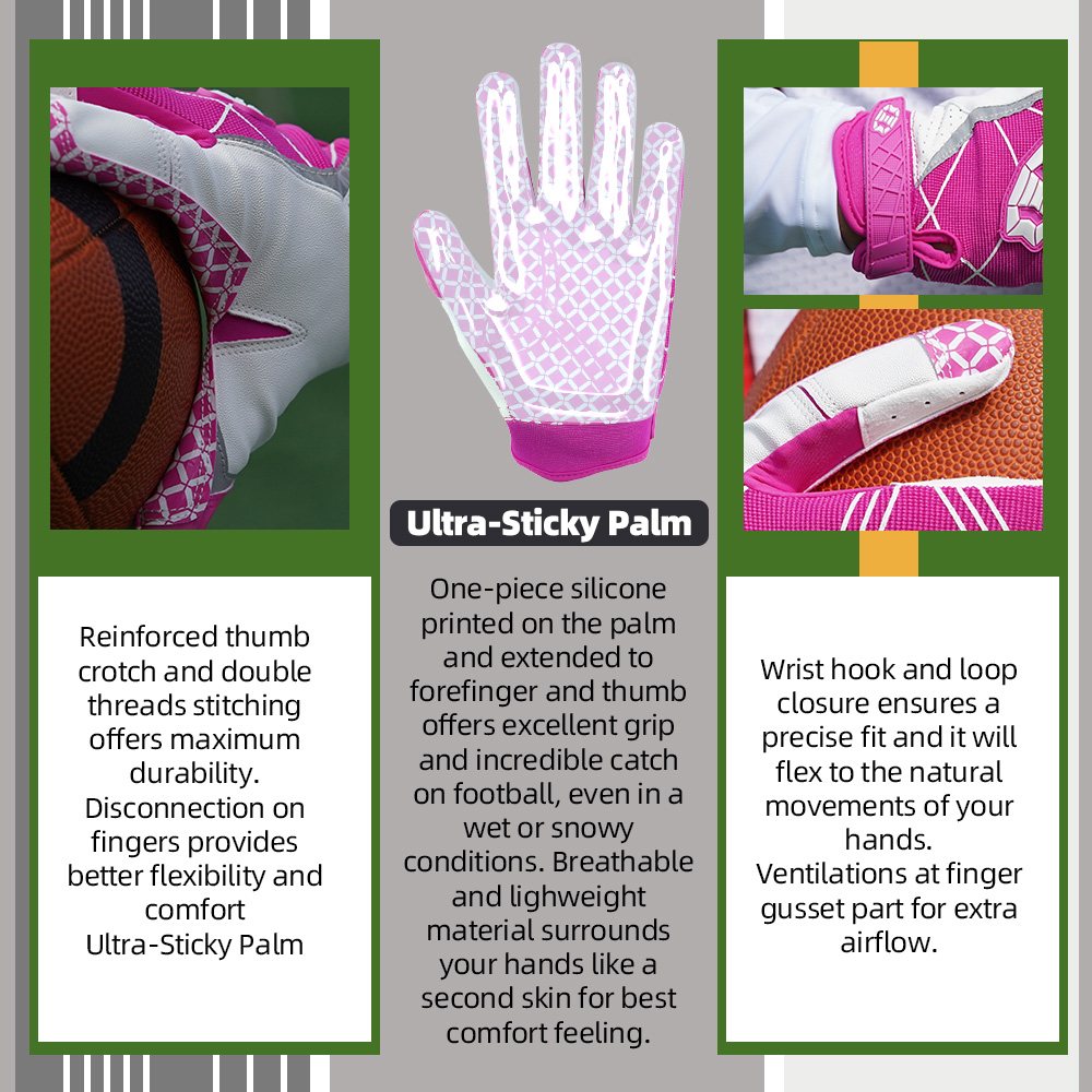 color:Pink | Seibertron American Football Receiver Adult Gloves ultra-stick adult football receiver gloves image 12