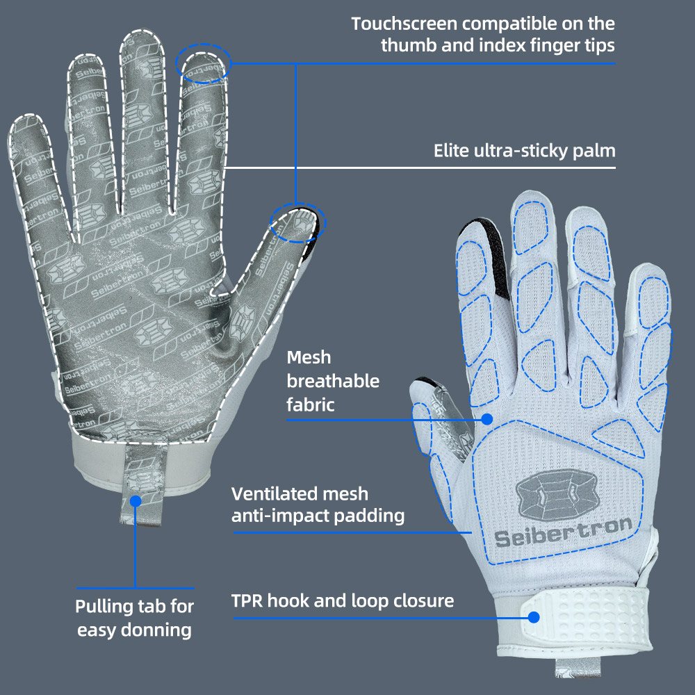 color:White | Seibertron H.P.I.R.G touchscreen football receiver gloves image 06