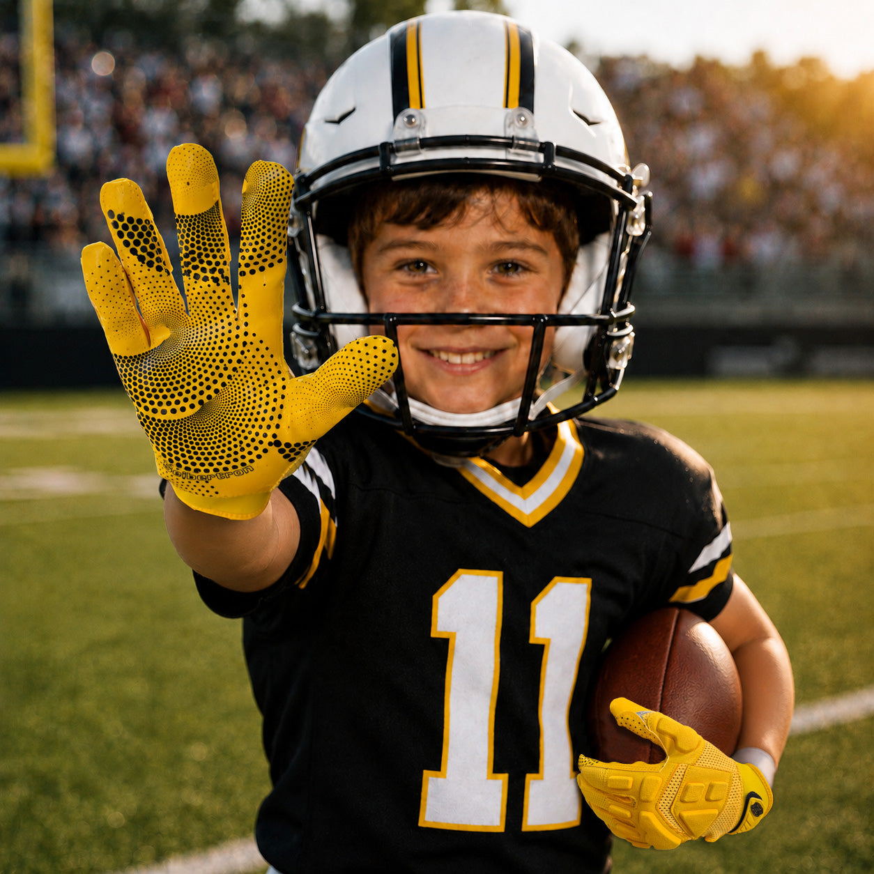 seibertron-gallery:garg-adult-youth-20260714 | product:7340603179198 | color:Yellow | group:Youth | slot:3 | Seibertron G.A.R.G 2.0 youth football receiver gloves yellow gallery 3