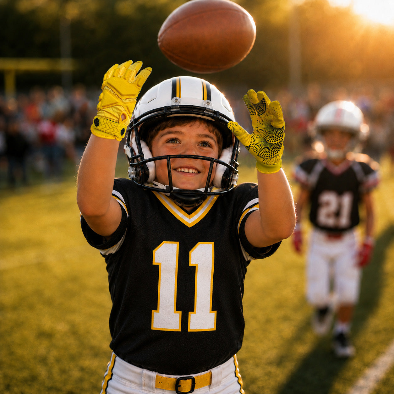 seibertron-gallery:garg-adult-youth-20260714 | product:7340603179198 | color:Yellow | group:Youth | slot:6 | Seibertron G.A.R.G 2.0 youth football receiver gloves yellow gallery 6