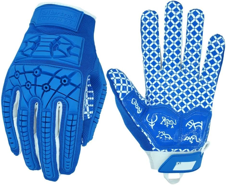 Seibertron Adult Full Finger Lineman 2.0 Padded Palm Football Receiver Gloves, Flexible TPR Impact Protection Back of Hand Glove - Seibertron