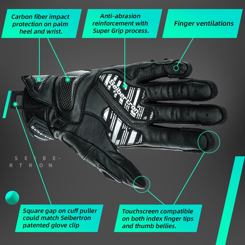 Seibertron Adult SPS - 3 motorcycle gloves for men and women full finger touchscreen motorbike for BMX ATV MTB riding, road cycling, kunckle impact protection - Seibertron