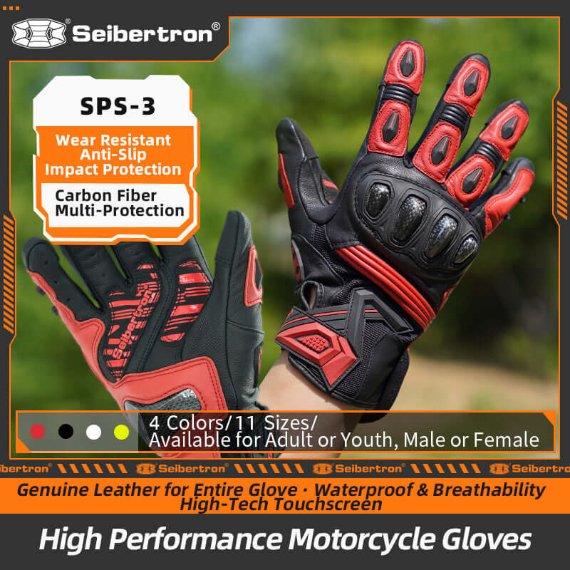 Seibertron Adult SPS - 3 motorcycle gloves for men and women full finger touchscreen motorbike for BMX ATV MTB riding, road cycling, kunckle impact protection - Seibertron