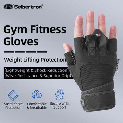 Seibertron Fitness Gloves for Weightlifting, Dumbbell & Pull - Up Bar Training, Long Wrist Wraps, Outdoor Half - Finger Design - Seibertron