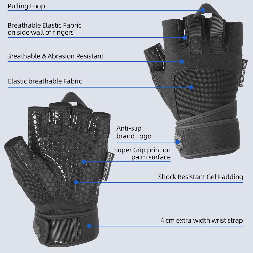 Seibertron Fitness Gloves for Weightlifting, Dumbbell & Pull - Up Bar Training, Long Wrist Wraps, Outdoor Half - Finger Design - Seibertron
