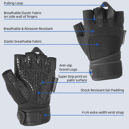 Seibertron Fitness Gloves for Weightlifting, Dumbbell & Pull - Up Bar Training, Long Wrist Wraps, Outdoor Half - Finger Design - Seibertron