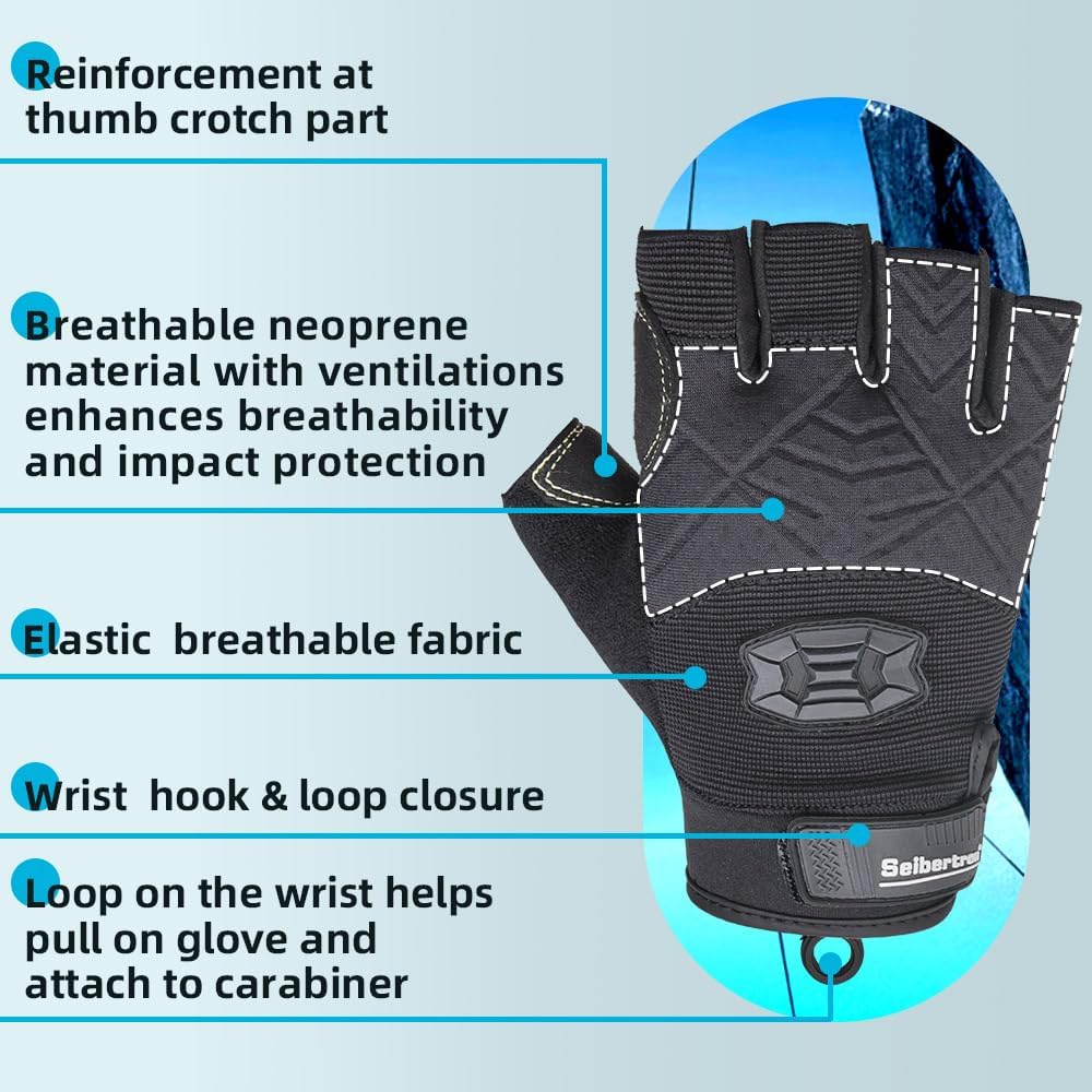 Seibertron Half Finger Padded Palm Lightweight Breathable Climbing Rope Gloves for Climbers, Rock Climbing, Rescue, Adventure, Sailing, Kayaking, Outdoor Sports - SeibertronOutdoors