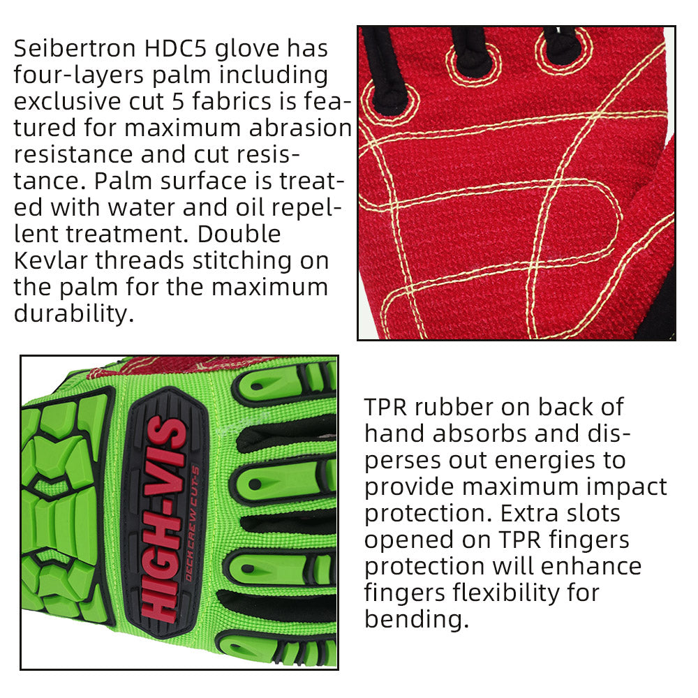 seibertron-gallery:hdc5-safety-gloves-20260715 | product:hdc5 | color:Green Red | slot:5 | Seibertron HIGH-VIS HDC5 safety gloves product detail panels