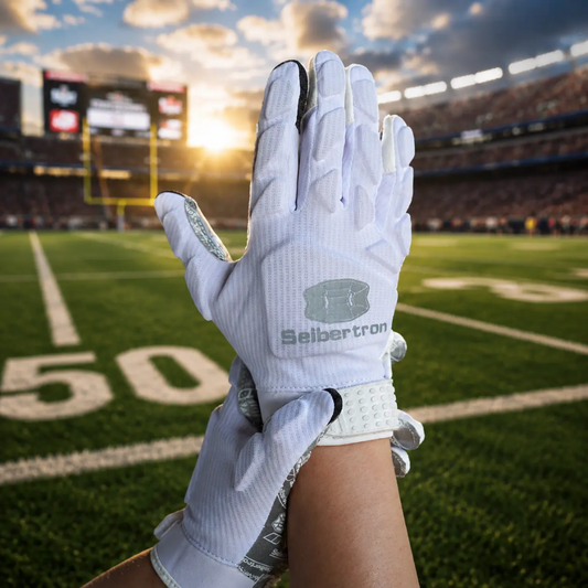 seibertron-gallery:hpirg-hp-serie-20260714 | produkt:8307911884990 | farbe:Weiß | slot:12 | Seibertron H.P.I.R.G Touchscreen-Football-Receiver-Handschuhe weiß Feldbild