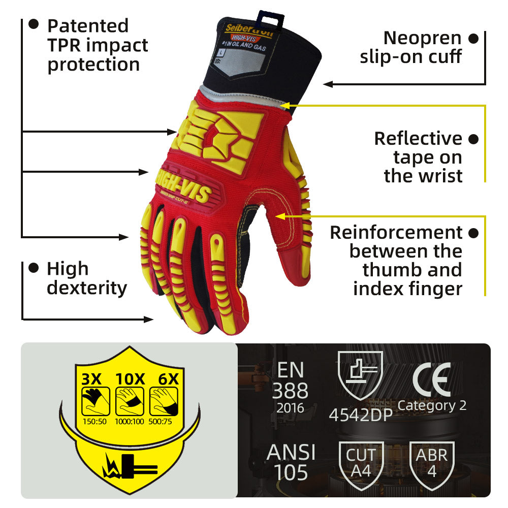 seibertron-gallery:hrc5-safety-gloves-20260715 | product:hrc5 | color:Red Yellow | slot:3 | Seibertron HIGH-VIS HRC5 safety gloves TPR impact protection and CE ANSI rating detail image