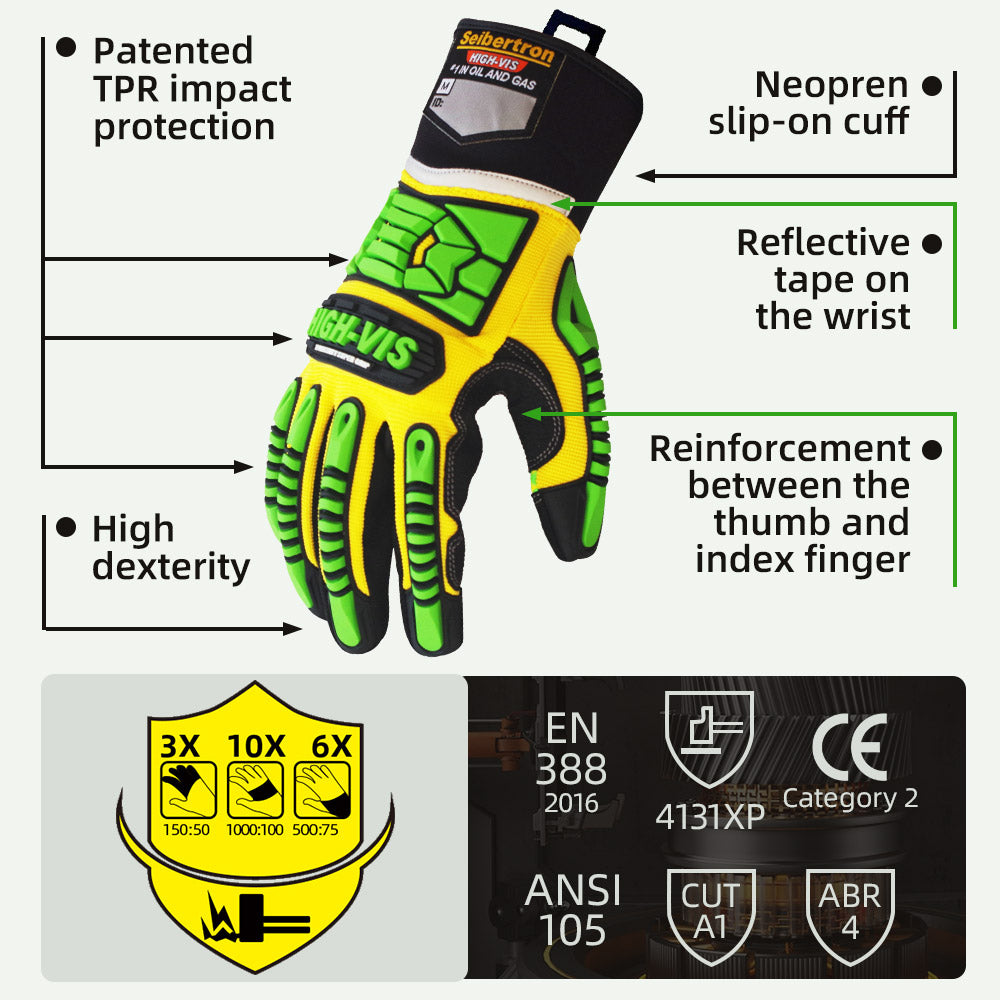 seibertron-gallery:sdxg2-safety-gloves-20260715 | product:sdxg2 | color:Yellow Green | slot:3 | Seibertron HIGH-VIS SDXG2 safety gloves TPR impact protection and CE ANSI rating detail image