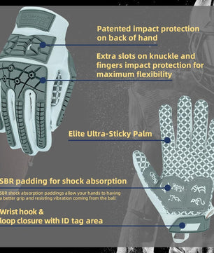 Seibertron Youth Full Finger Lineman 2.0 Padded Palm Football Receiver Gloves, Flexible TPR Impact Protection Back of Hand Glove - Seibertron