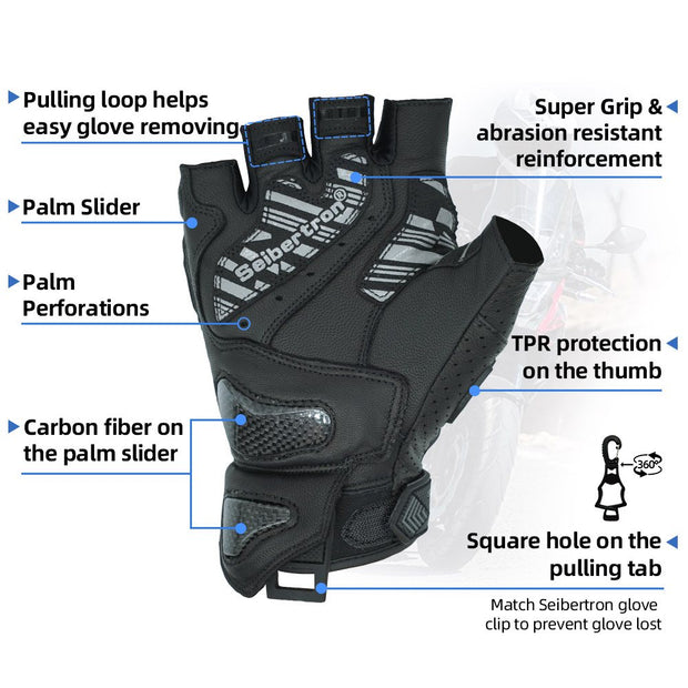 color:Black | Seibertron SPS-9 summer carbon fiber half-finger motorcycle gloves image 03