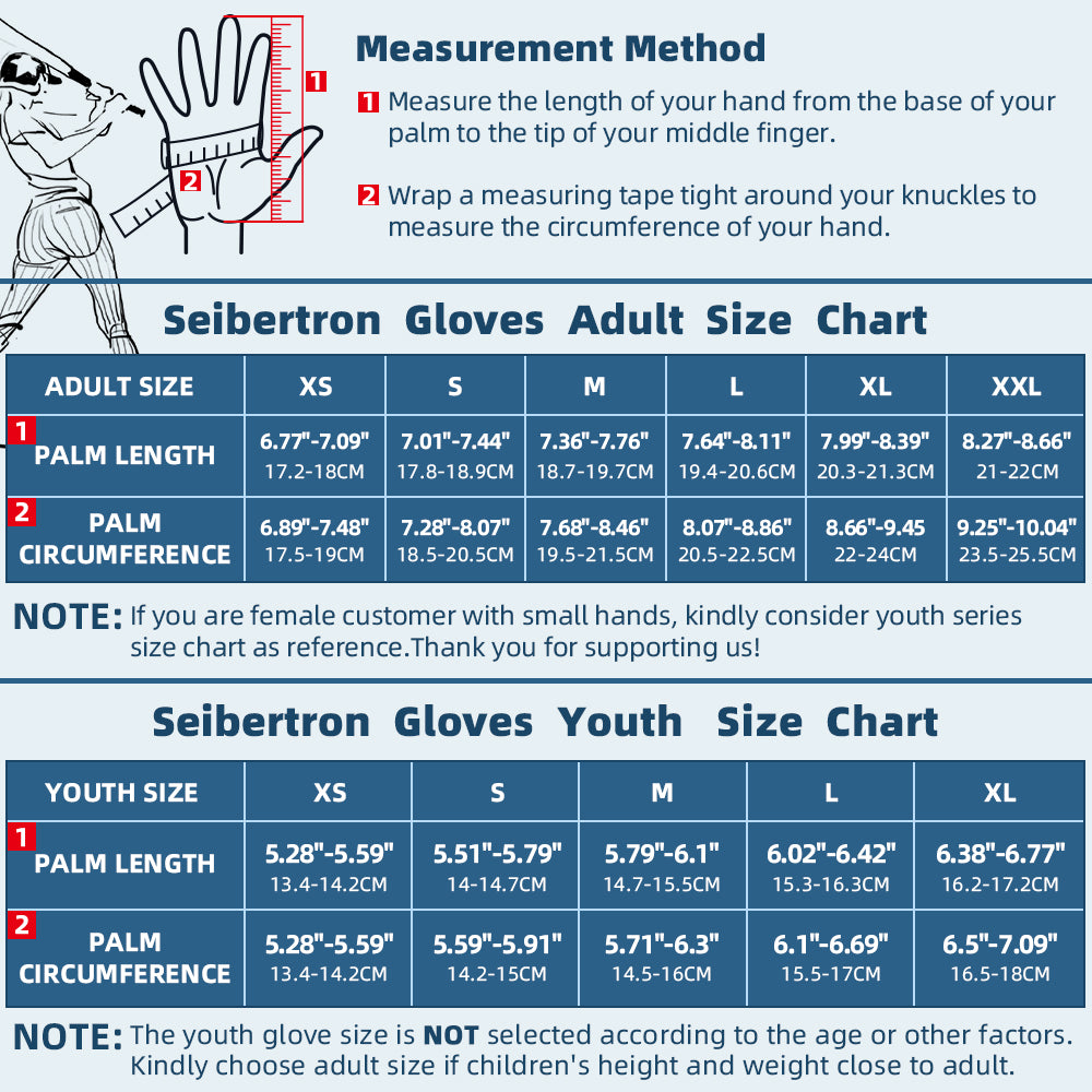 Seibertron Youth S.P.B.G 2.0 Baseball/Softball Batting Super Grip and Protective Gloves