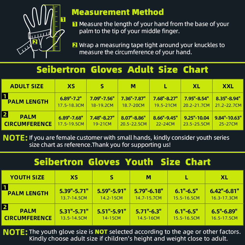 Seibertron Dirtpaw Full Finger Motocross & Cycling Gloves adult and youth size chart