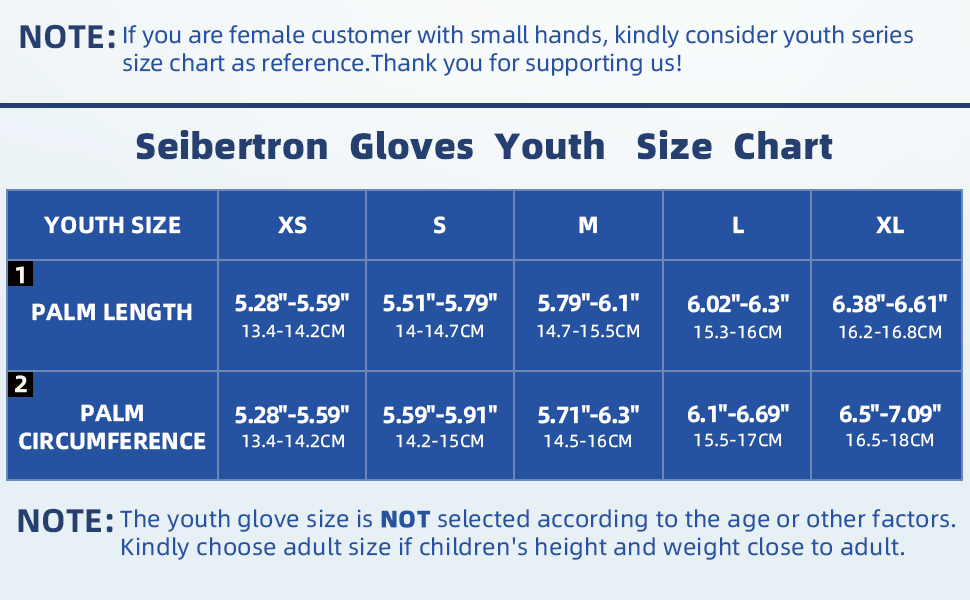 Drive Performance Gloves Adult and Youth Size Chart youth reference with measurement method
