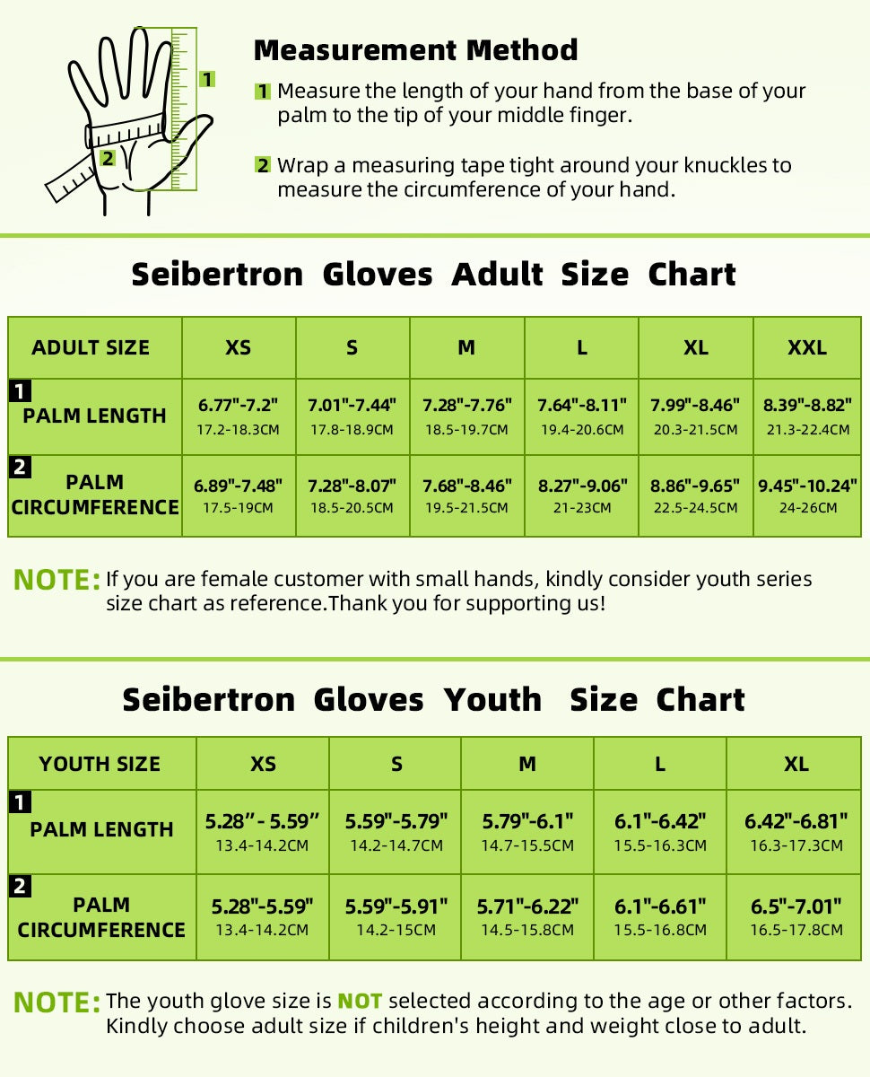Seibertron G.A.R.G 2.0 Football Gloves Adult and Youth Size Chart with measurement method