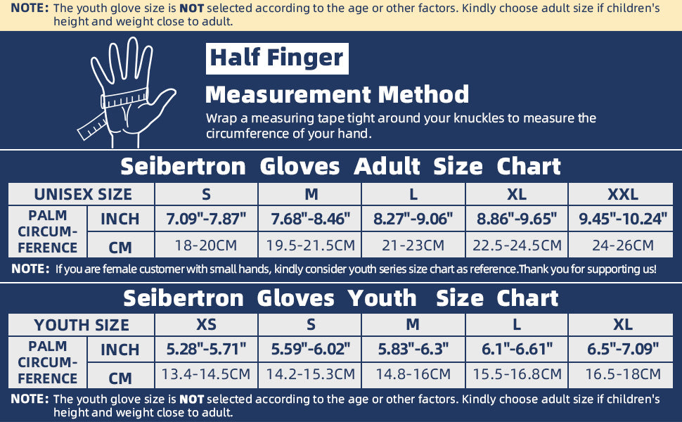 Seibertron Half Finger Lineman 2.0 Football Gloves Youth and Adult Half Finger Size Reference with measurement method