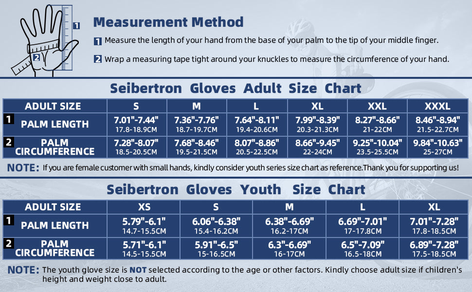 SPS-1 Full Finger Touchscreen Gloves Adult and Youth Size Chart with measurement method