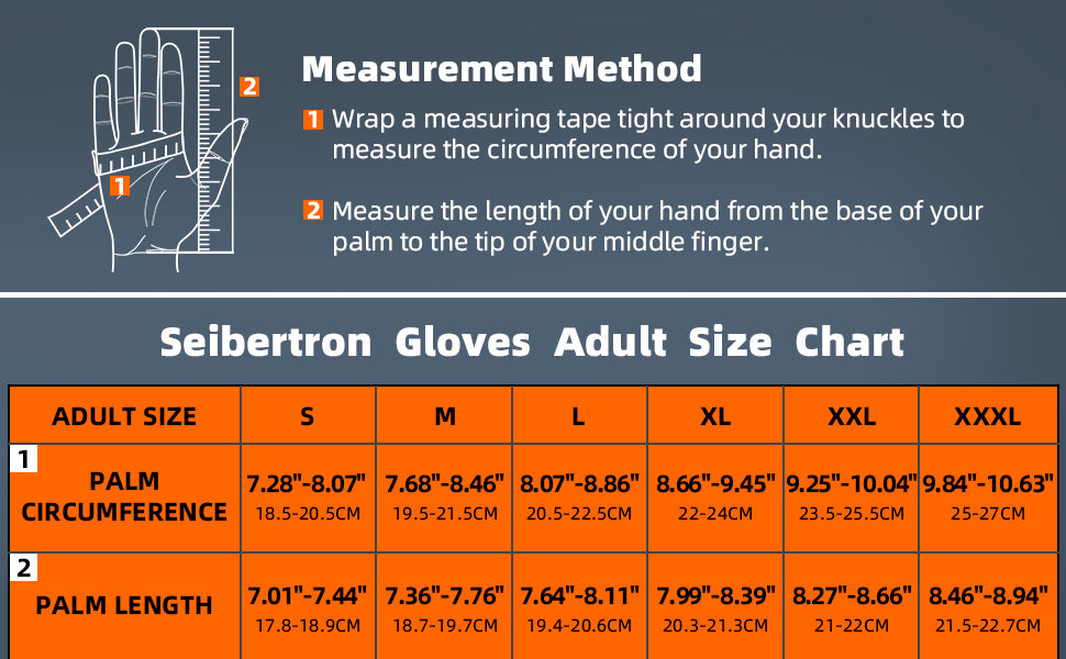 SPS-2 Full Finger Touchscreen Gloves Adult and Youth Full Finger Size Chart adult reference with measurement method