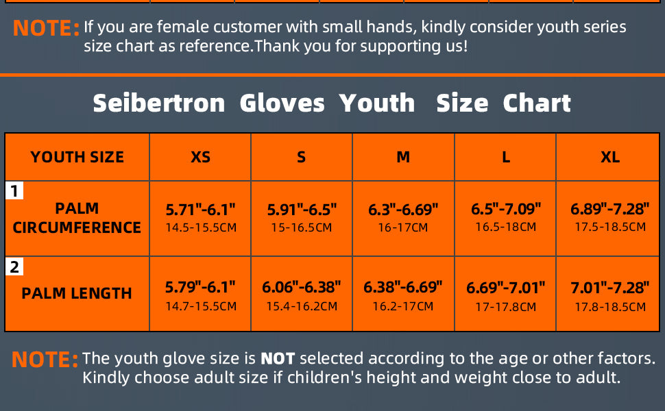 SPS-2 Full Finger Touchscreen Gloves Adult and Youth Full Finger Size Chart youth reference with measurement method
