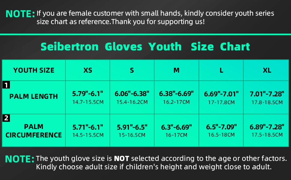 SPS-3 Motorcycle Riding Gloves Adult and Youth Size Chart youth reference with measurement method