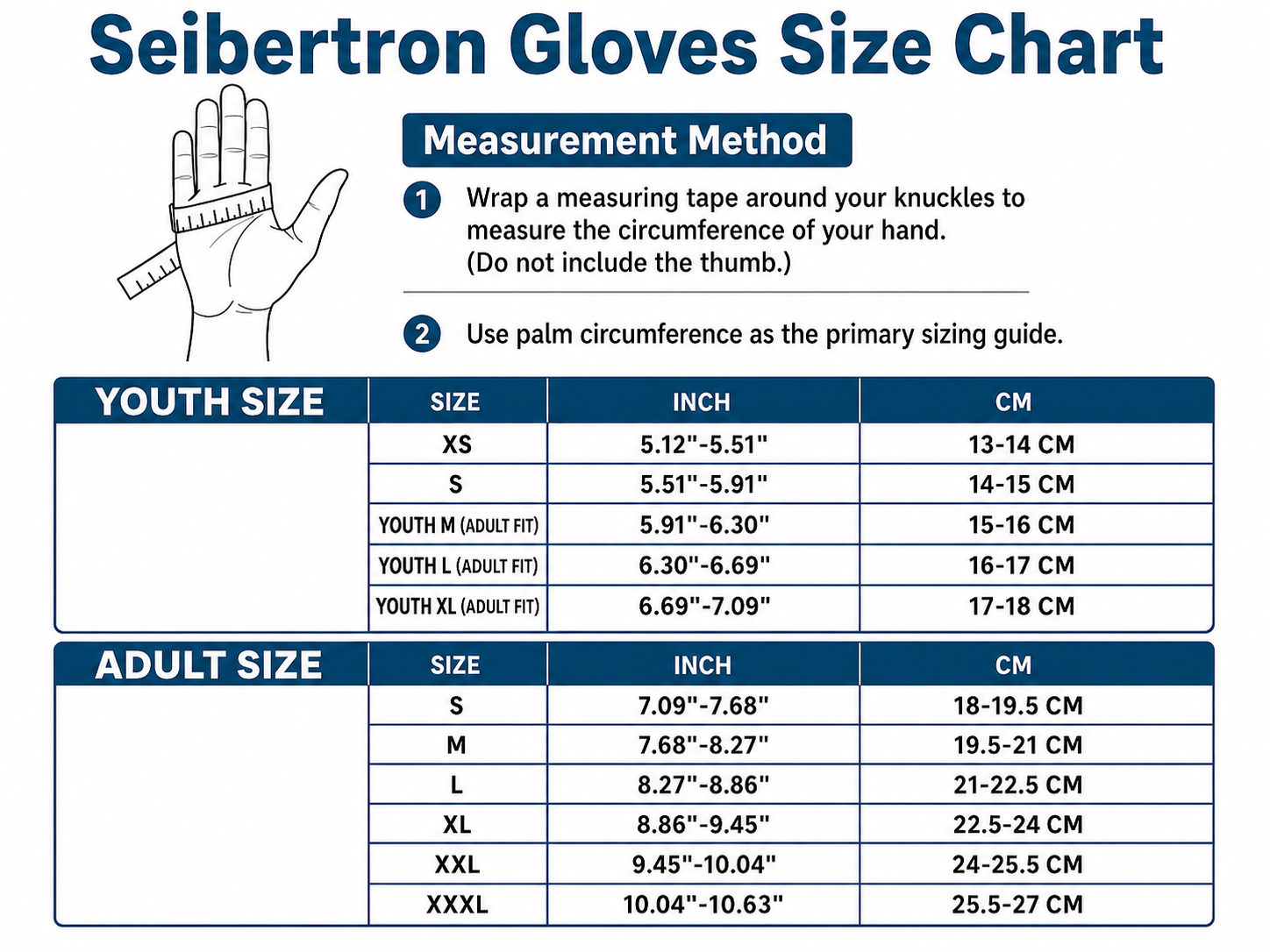 SPS-7 Superior Protection Series Gloves Glove Size Chart with measurement method