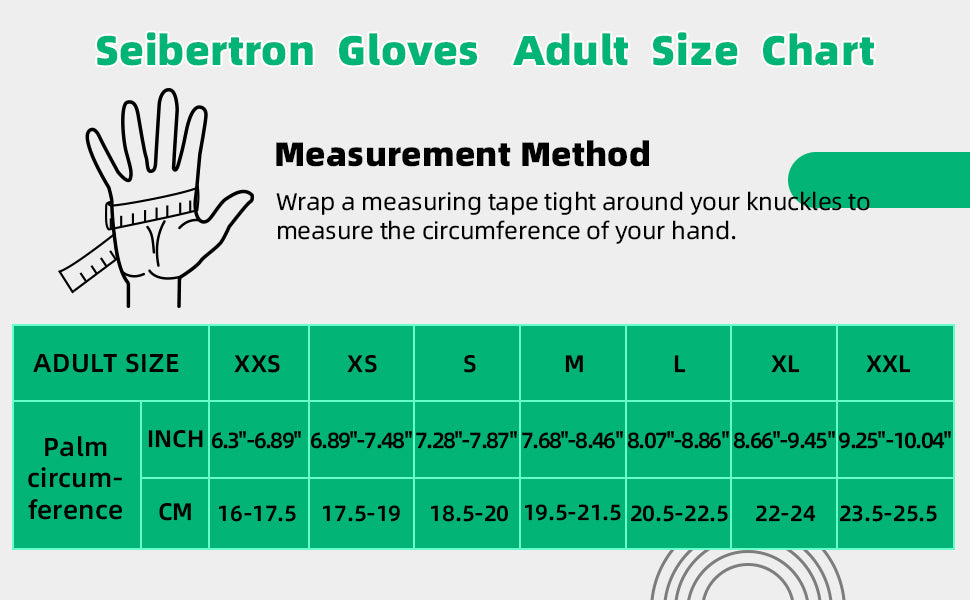 T.T.F.I.G 2.0 Gloves Adult Size Chart with measurement method