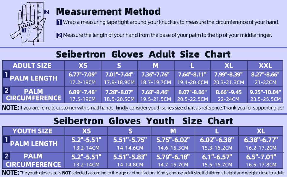 Seibertron B-A-R PRO 2.0 adult and youth batting gloves size chart