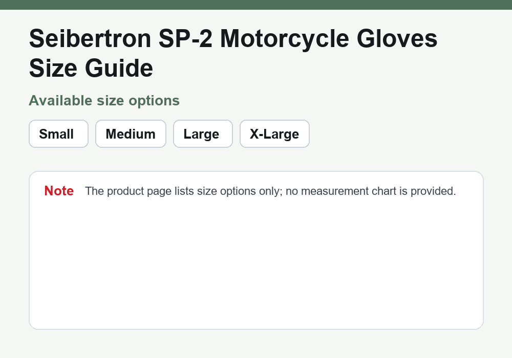 Seibertron SP-2 motorcycle gloves size options guide