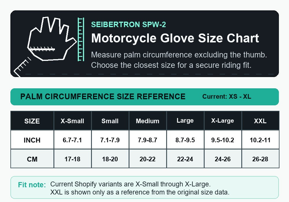 Seibertron SPW-2 motorcycle gloves size chart