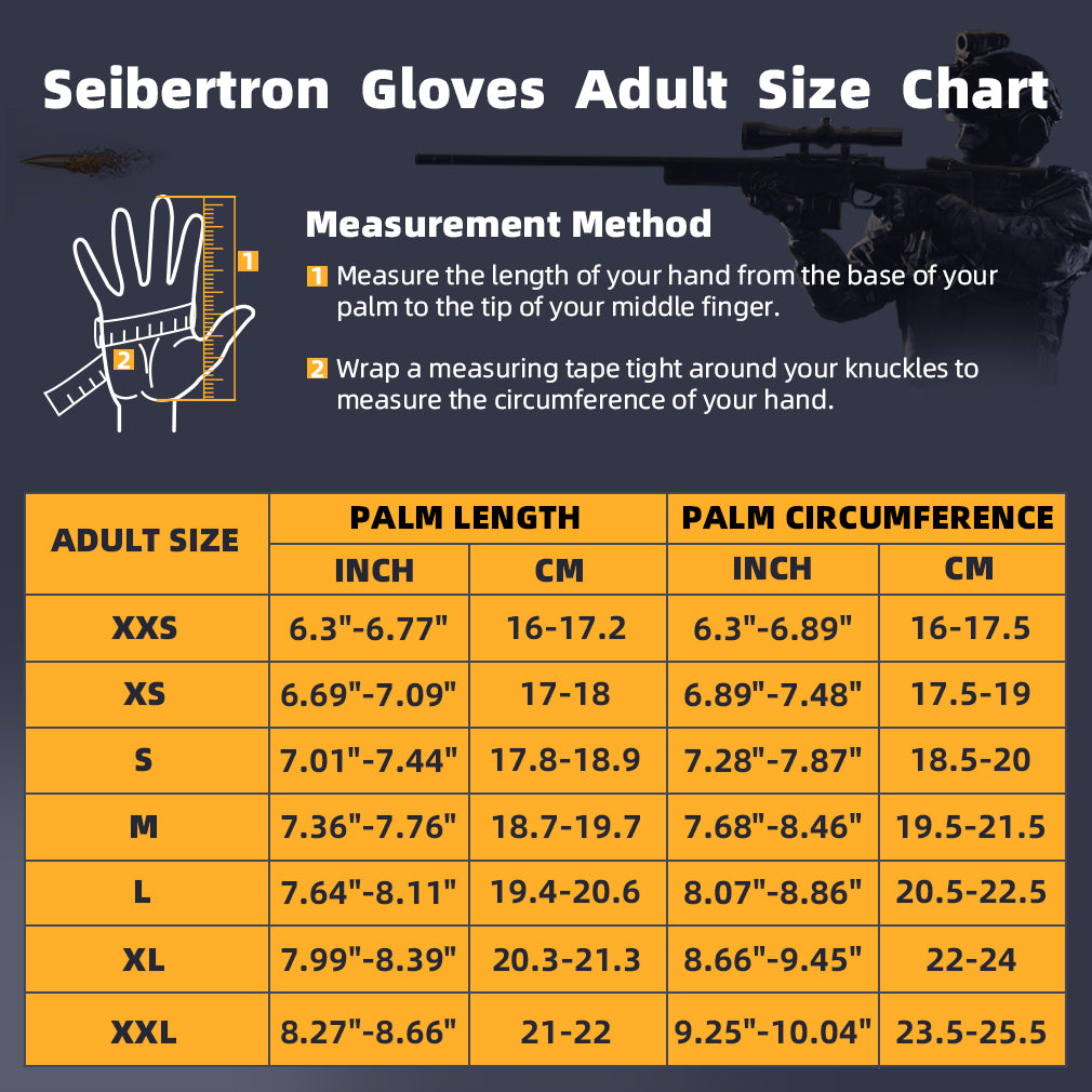 Seibertron T.B.F.I.G tactical full finger gloves size chart